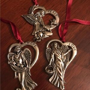 3 Angel Gorham Silver Plate Christmas Ornaments
Hope Peace Love Set
